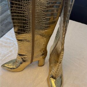 Gold Crocodile-Embossed Knee-High Boots